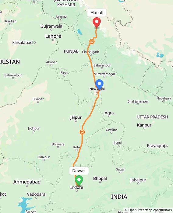 Route map showing distance and travel time from Dewas, India to Manali, India