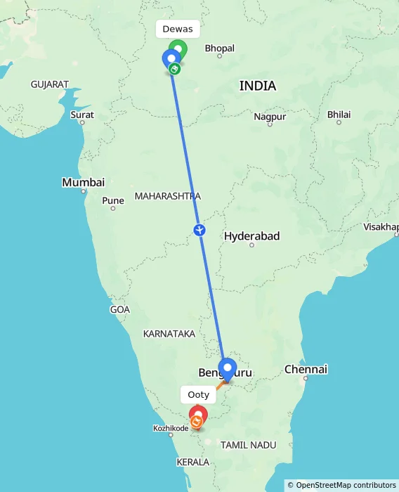 Route map showing distance and travel time from Dewas, India to Ooty, India