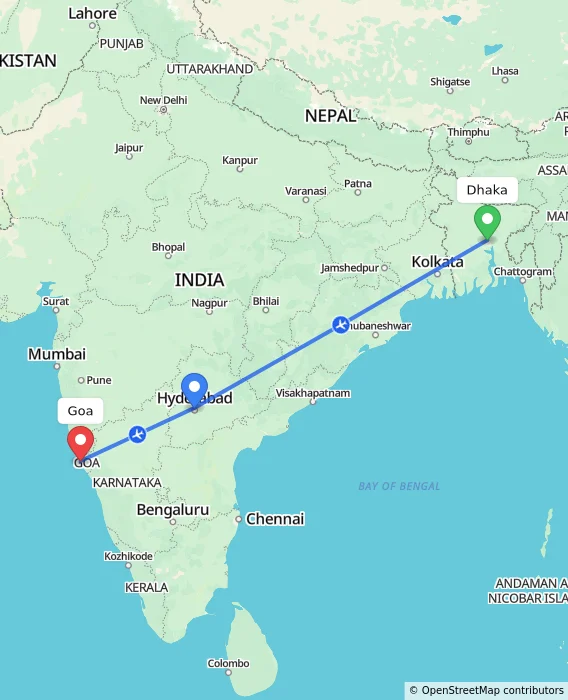 Route map showing distance and travel time from Dhaka, Bangladesh to Goa, India