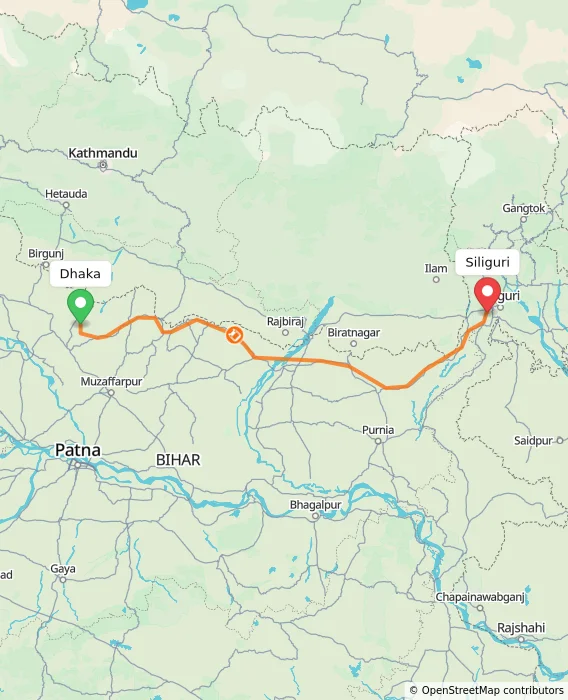 Route map showing distance and travel time from Dhaka, India to Siliguri, India