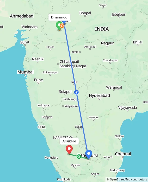 Route map showing distance and travel time from Dhamnod, India to Arsikere, India