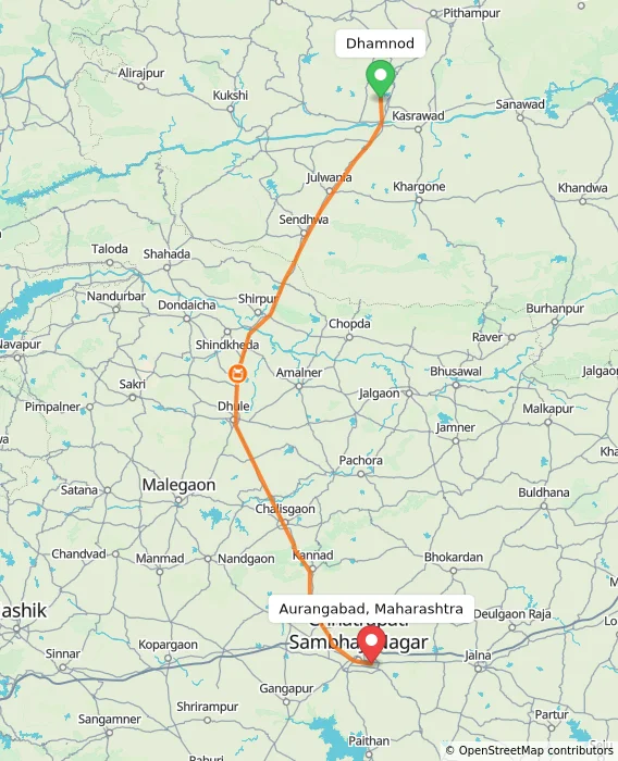 Route map showing distance and travel time from Dhamnod, India to Aurangabad, Maharashtra, India