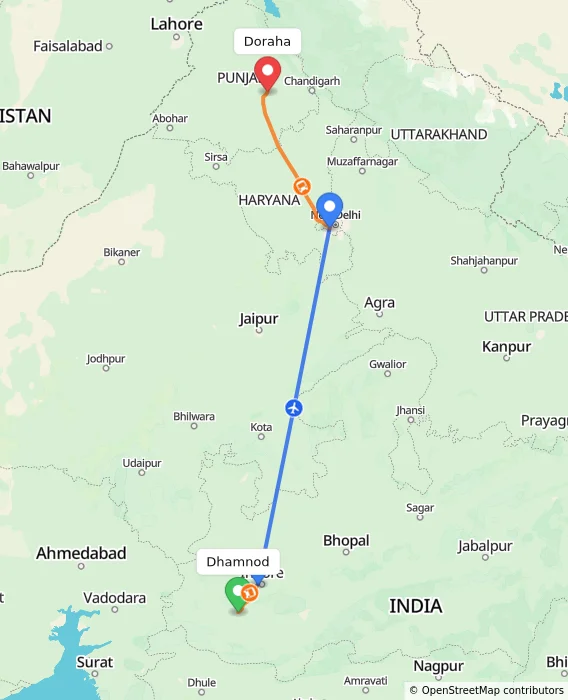 Route map showing distance and travel time from Dhamnod, India to Doraha, India