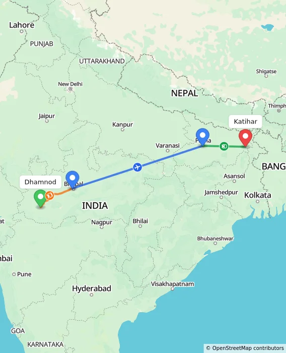 Route map showing distance and travel time from Dhamnod, India to Katihar, India