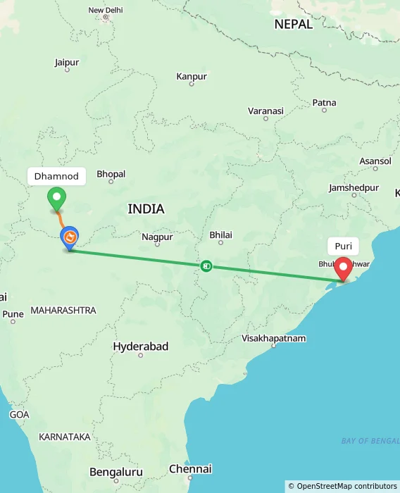 Route map showing distance and travel time from Dhamnod, India to Puri, India