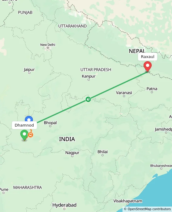 Route map showing distance and travel time from Dhamnod, India to Raxaul, India