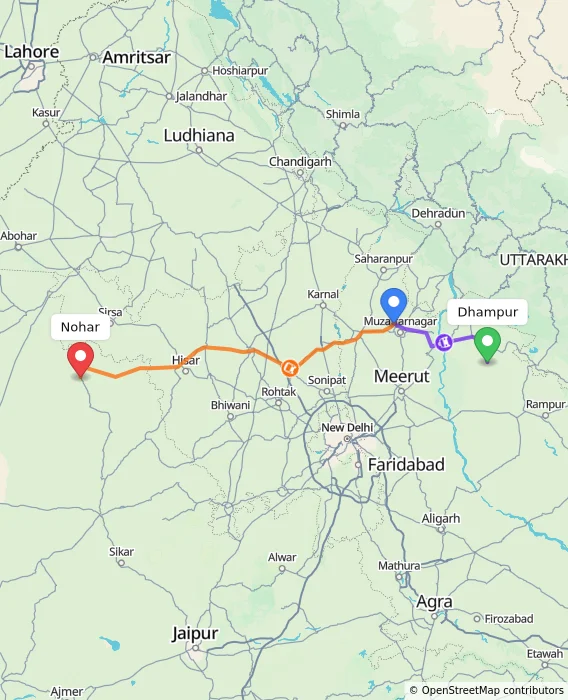 Route map showing distance and travel time from Dhampur, India to Nohar, India