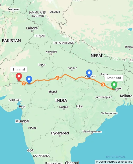 Route map showing distance and travel time from Dhanbad, India to Bhinmal, India