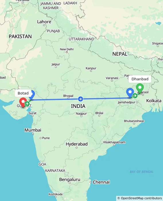 Route map showing distance and travel time from Dhanbad, India to Botad, India