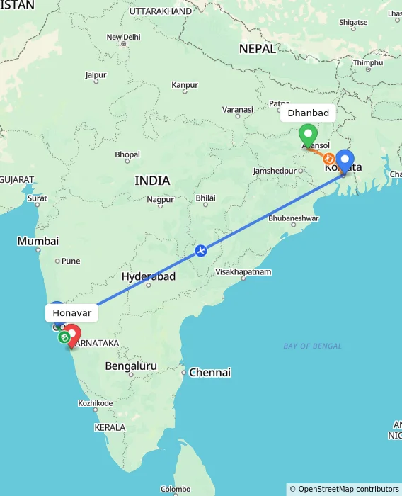 Route map showing distance and travel time from Dhanbad, India to Honavar, India