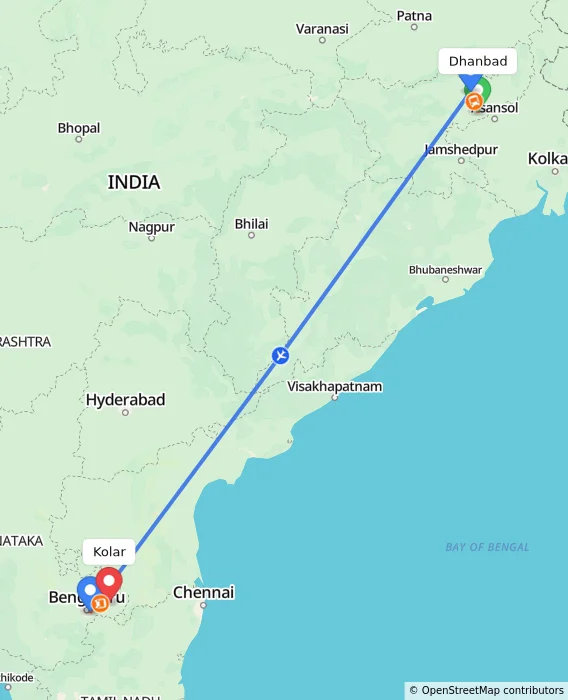 Route map showing distance and travel time from Dhanbad, India to Kolar, India