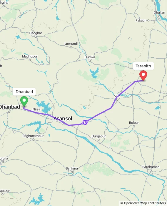 Route map showing distance and travel time from Dhanbad, India to Tarapith, India