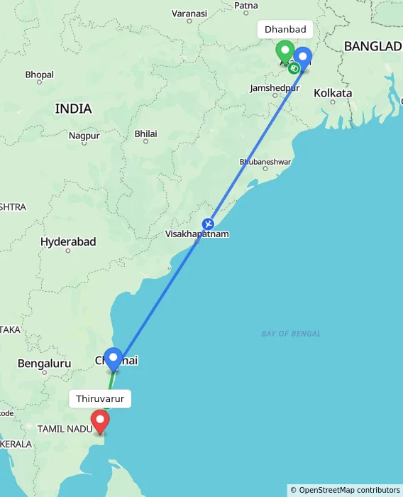 Route map showing distance and travel time from Dhanbad, India to Thiruvarur, India