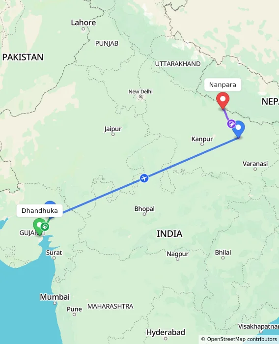 Route map showing distance and travel time from Dhandhuka, India to Nanpara, India
