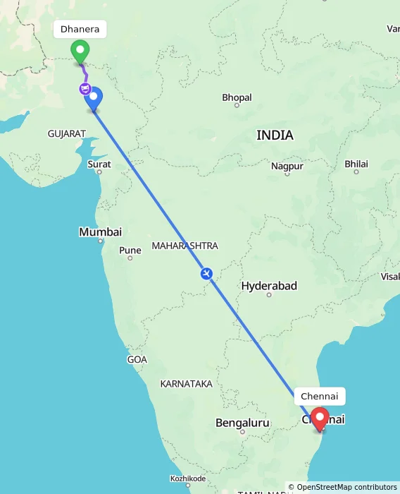 Route map showing distance and travel time from Dhanera, India to Chennai, India