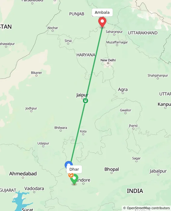 Route map showing distance and travel time from Dhar, India to Ambala, India