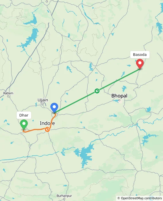 Route map showing distance and travel time from Dhar, India to Basoda, India