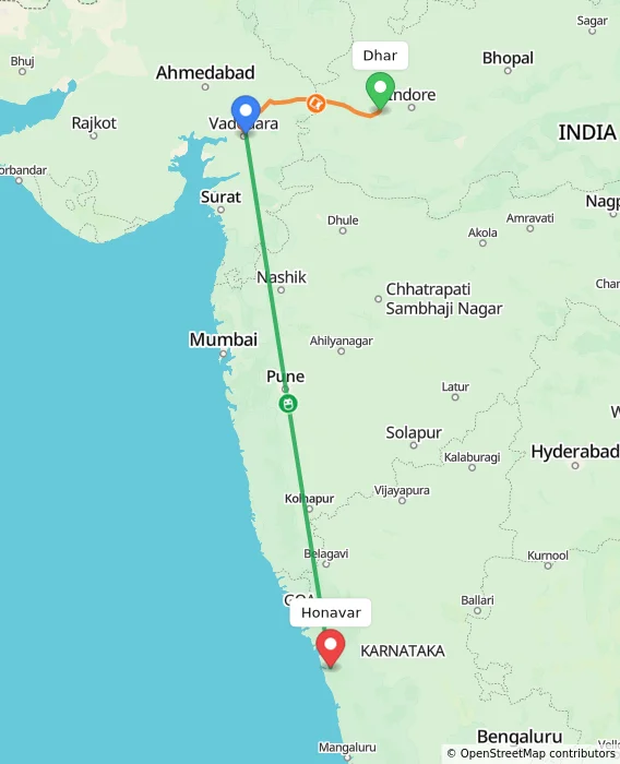 Route map showing distance and travel time from Dhar, India to Honavar, India
