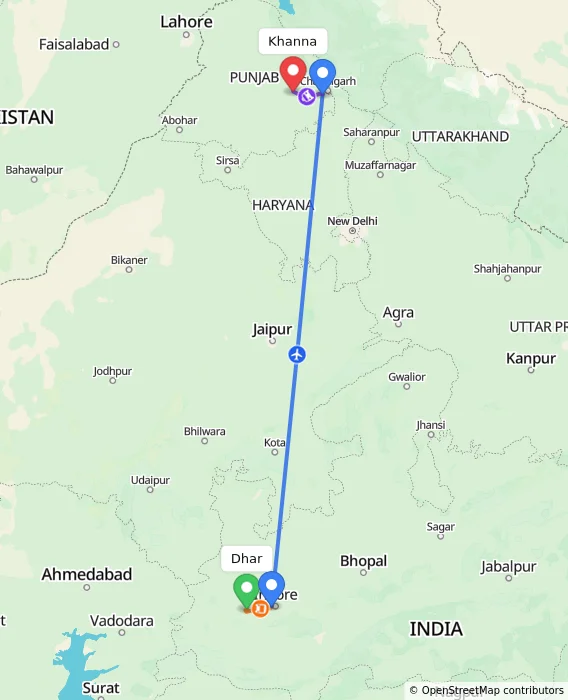 Route map showing distance and travel time from Dhar, India to Khanna, India