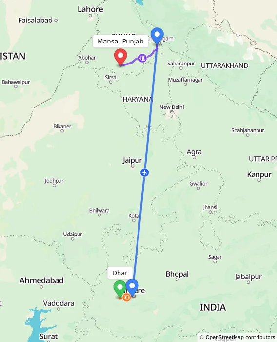 Route map showing distance and travel time from Dhar, India to Mansa, Punjab, India