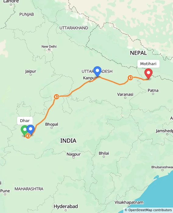 Route map showing distance and travel time from Dhar, India to Motihari, India