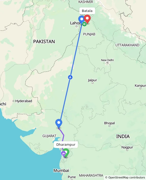 Route map showing distance and travel time from Dharampur, India to Batala, India