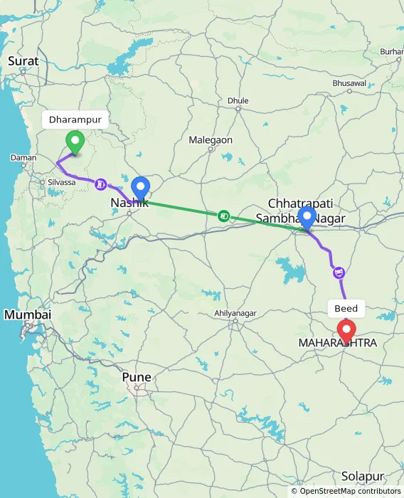 Route map showing distance and travel time from Dharampur, India to Beed, India