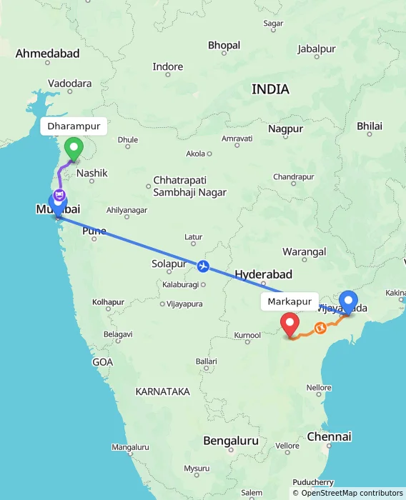 Route map showing distance and travel time from Dharampur, India to Markapur, India
