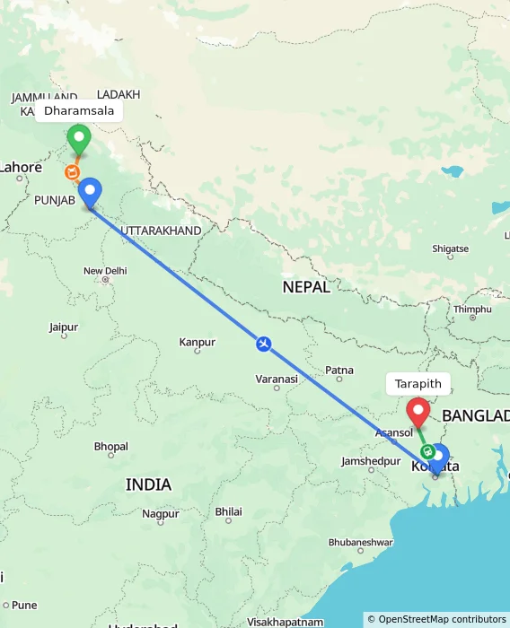 Route map showing distance and travel time from Dharamsala, India to Tarapith, India