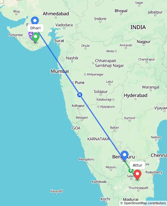 Route map showing distance and travel time from Dhari, India to Attur, India