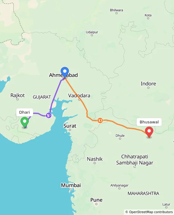 Route map showing distance and travel time from Dhari, India to Bhusawal, India