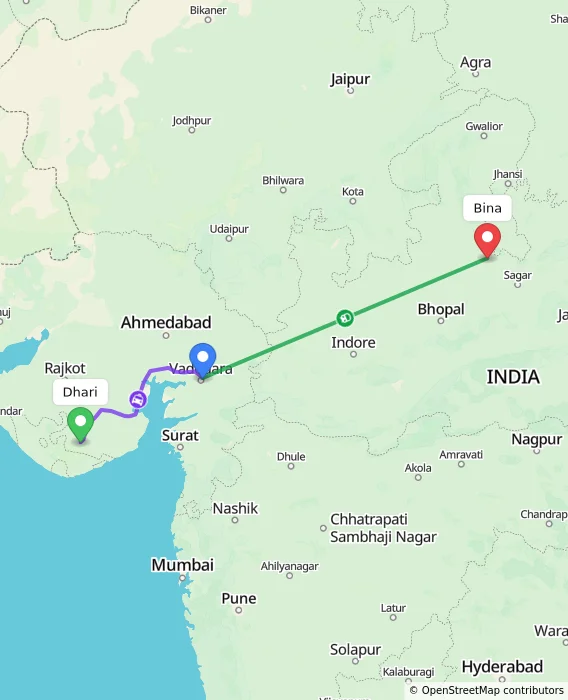 Route map showing distance and travel time from Dhari, India to Bina, India