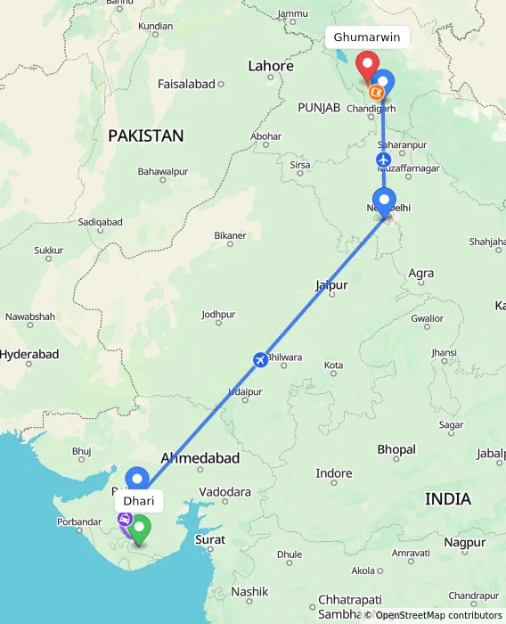 Route map showing distance and travel time from Dhari, India to Ghumarwin, India