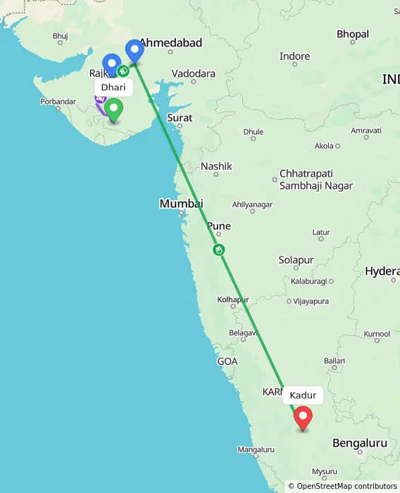Route map showing distance and travel time from Dhari, India to Kadur, India