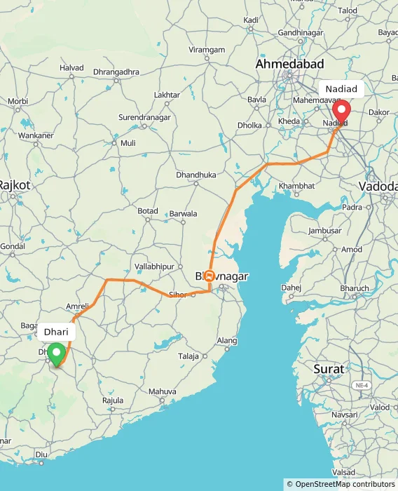 Route map showing distance and travel time from Dhari, India to Nadiad, India