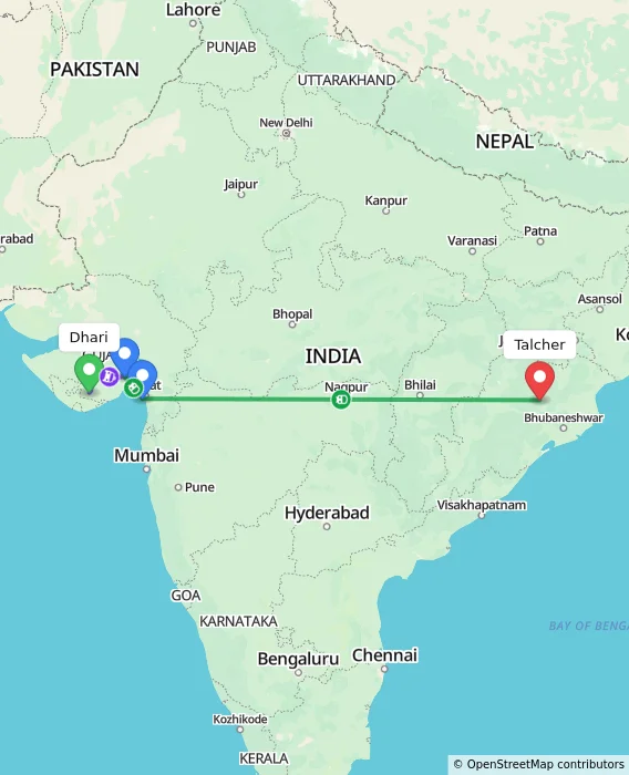 Route map showing distance and travel time from Dhari, India to Talcher, India