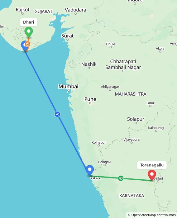 Route map showing distance and travel time from Dhari, India to Toranagallu, India
