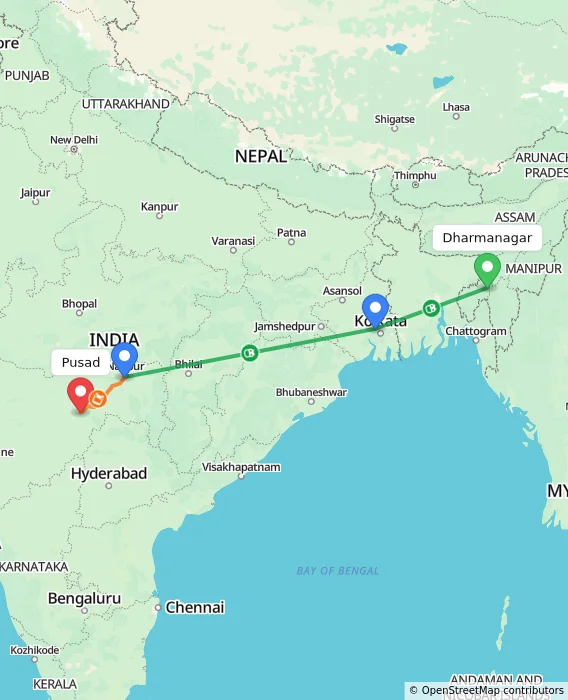 Route map showing distance and travel time from Dharmanagar, India to Pusad, India