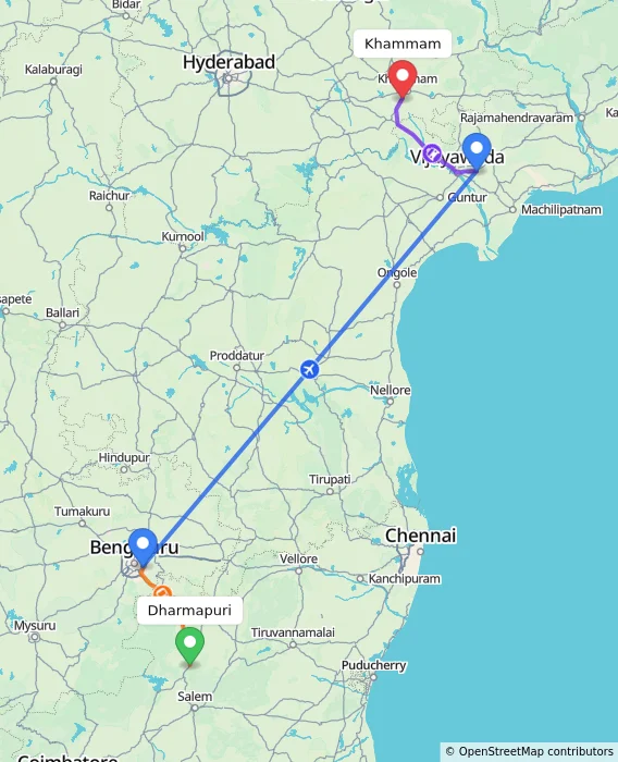 Route map showing distance and travel time from Dharmapuri, India to Khammam, India