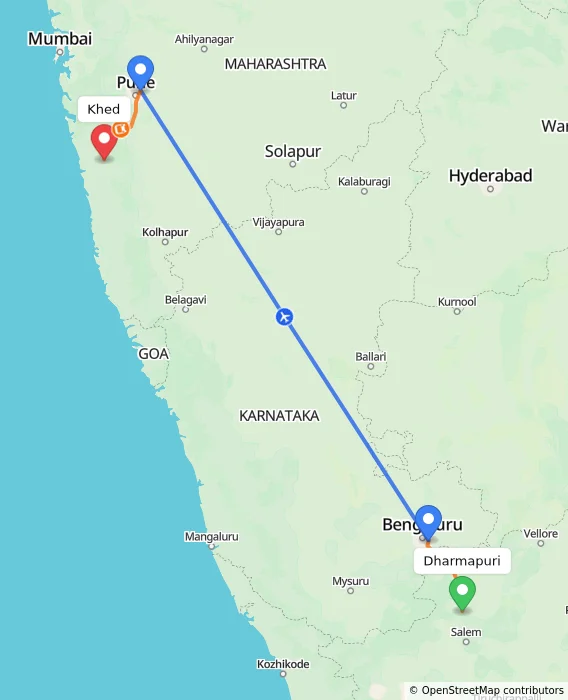 Route map showing distance and travel time from Dharmapuri, India to Khed, India