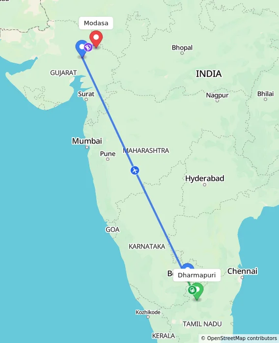 Route map showing distance and travel time from Dharmapuri, India to Modasa, India