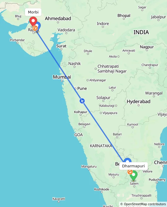 Route map showing distance and travel time from Dharmapuri, India to Morbi, India