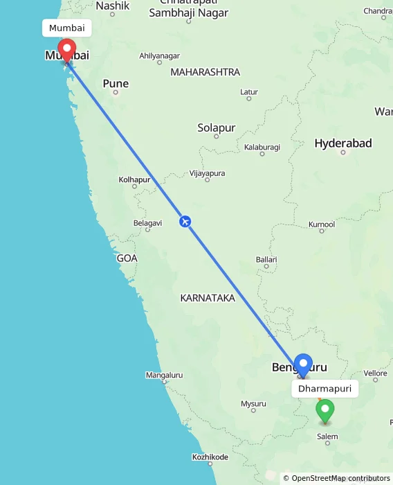 Route map showing distance and travel time from Dharmapuri, India to Mumbai, India