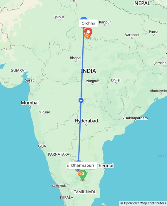 Route map showing distance and travel time from Dharmapuri, India to Orchha, India