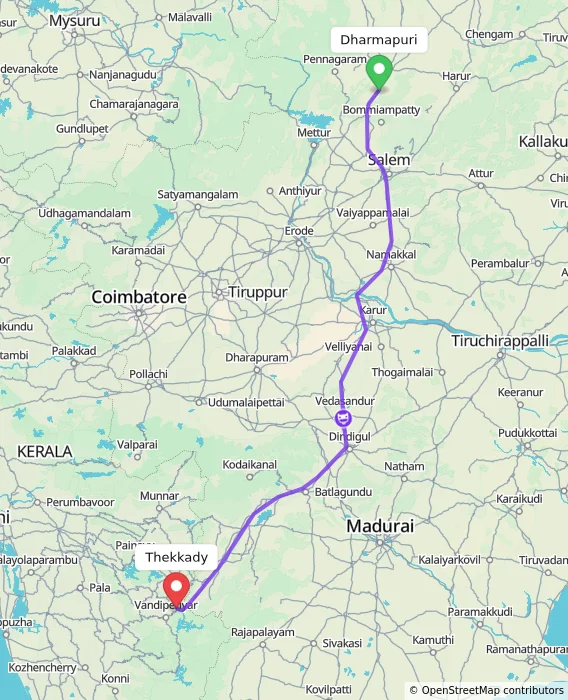 Route map showing distance and travel time from Dharmapuri, India to Thekkady, India