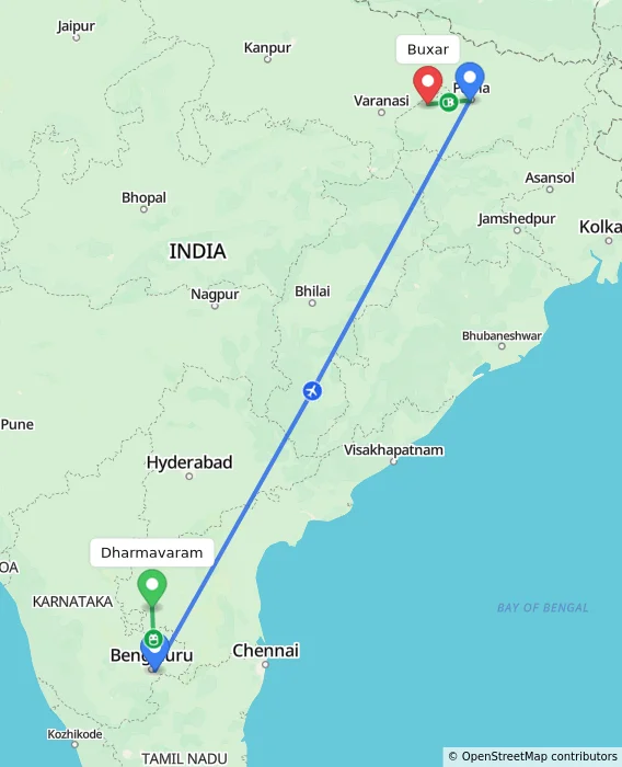 Route map showing distance and travel time from Dharmavaram, India to Buxar, India
