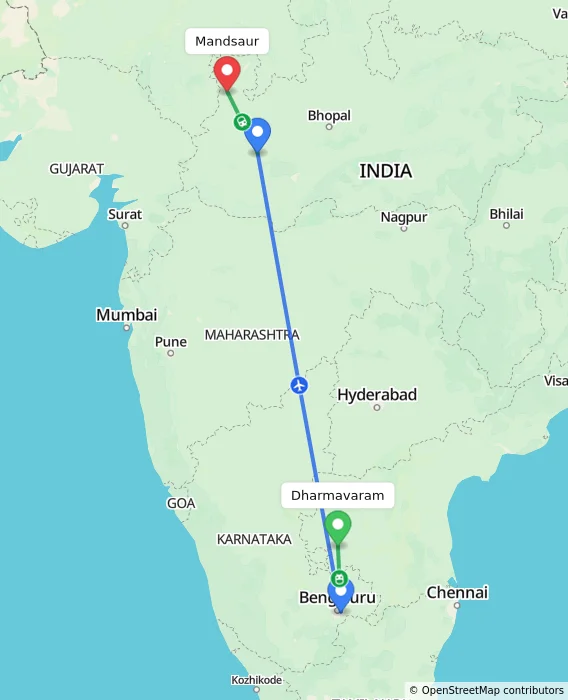 Route map showing distance and travel time from Dharmavaram, India to Mandsaur, India