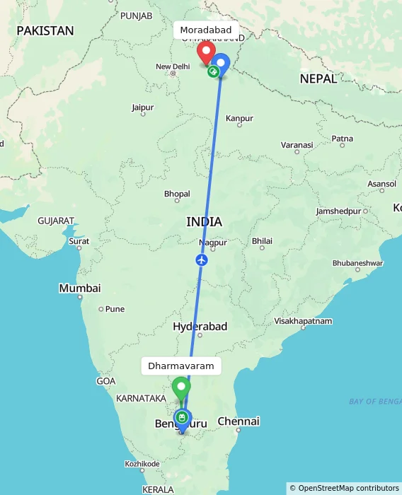 Route map showing distance and travel time from Dharmavaram, India to Moradabad, India