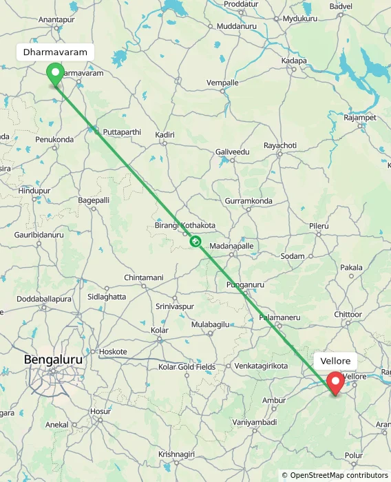 Route map showing distance and travel time from Dharmavaram, India to Vellore, India