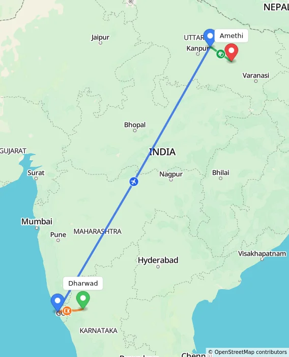 Route map showing distance and travel time from Dharwad, India to Amethi, India